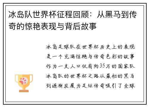 冰岛队世界杯征程回顾：从黑马到传奇的惊艳表现与背后故事